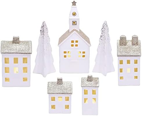 Mark Feldstein & Associates Village White Glitter 12 inch Porcelain LED Christmas Figurines 9 Piece Set