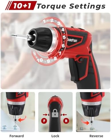 Cordless Electric Screwdriver Set, 8V 10Nm Rechargeable Power Electric Drill, Battery Screw Gun with Driver Bit, 320RPM/10+1 Torque, 2 Position Handle, Flexible Shaft LED Light (Red, 28Pcs)
