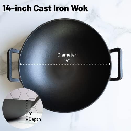 14 inch Cast Iron Wok with Flat Base and Handles