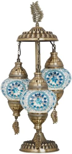 DEMMEX 3-Globe Turkish Moroccan Table Lamp, Tiffany Mosaic Glass Bedside Night Light, Handmade Colorful Mosaic Glass Globes & Antique Brass Finish Base, 21" H, Multicolor