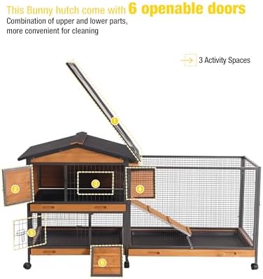 Aivituvin Rabbit Hutch, Indoor Bunny Cage with Run Outdoor Rabbit House with Two Deeper No Leak Trays - 4 Casters Include (Grey)