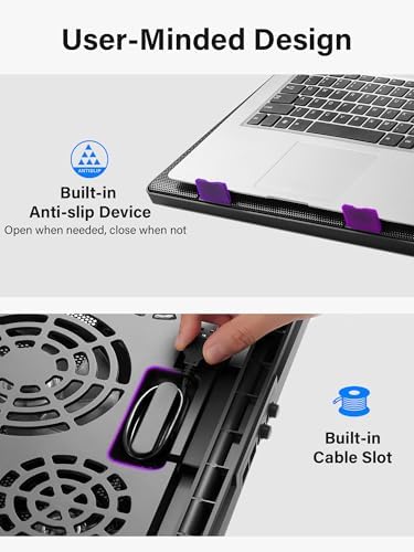 Kootek Laptop Cooling Pad Cooler Stand with 5 Quiet Fans for 12"-17" Laptop | 5 Fans, USB Powered, Laptop Cooling Stand with 2 USB Hub, 6 Adjustable Height, 360° Cooling Coverage, Anti-Slip, Blue LED