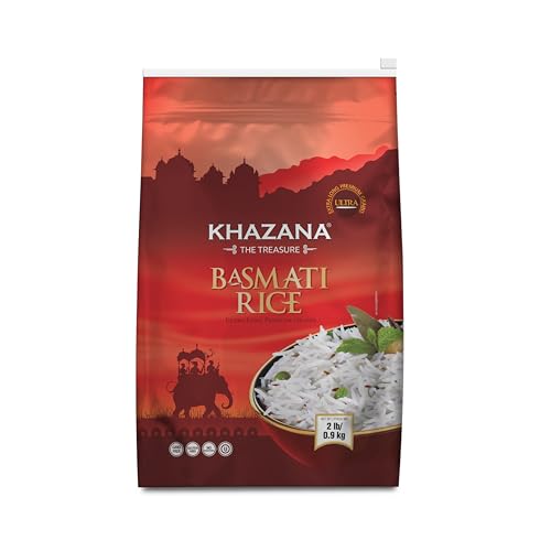 Authentic Extra Long Basmati Rice by Khazana in 10 lb Bag - Aromatic and Flavorful Indian Grain - Non-GMO, Gluten Free, Kosher, Cholesterol Free