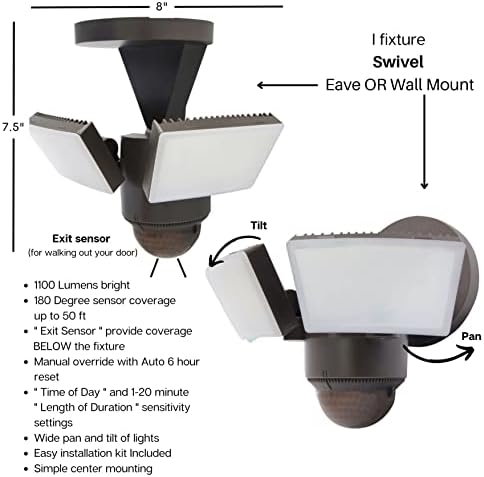 LED Outdoor Motion Sensor Security Floodlight – 1100 Lumens, 180° Detection, Weatherproof Design, Versatile Eave or Wall Mounting, Exit Detection