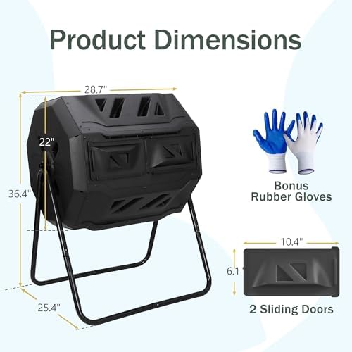 SUPER DEAL Outdoor Compost Tumbler, 43 Gallon Dual Chamber BPA Free Large Compost Bin 360° Rotating Tumbling Composter for Garden Yard, Black