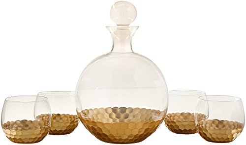 Fitz and Floyd Daphne Decorative Whiskey Decanter Set with Top Glass for Wine, Bourbon, Brandy, Liquor, 5 Piece, Gold