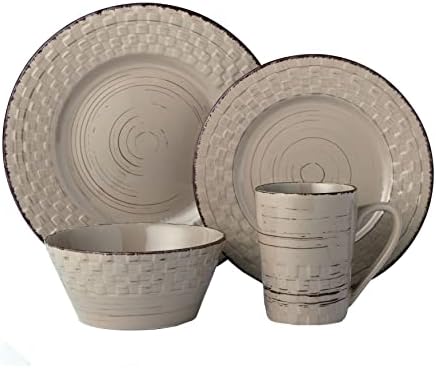 Lorren Home Trends Distressed Weave Dinnerware Set, Buttercup, 16 Piece | Service for 4