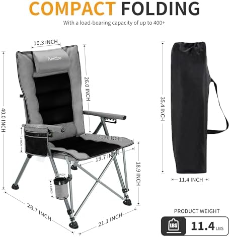 Adjustable Back Folding Camping Chair for Camp, Picnic, Lawn, Fishing | Adjustable Back; Weight Capacity 400 LBS;Hard Arm Portable Chair;Cup Holder;Storage Bag;carrying bag