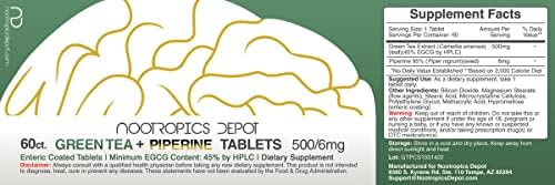Nootropics Depot Green Tea Extract Tablets | 60 Count | 500mg | Minimum 45% EGCG + 6mg Piperine | Enteric Coated