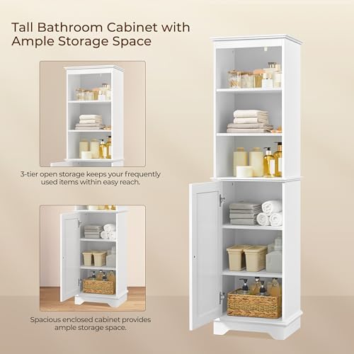 Yaheetech Tall Narrow Bathroom Storage Cabinet with Door and Shelves, White | Linen Closet for Towels, Toiletries and Laundry, Open Display Shelves