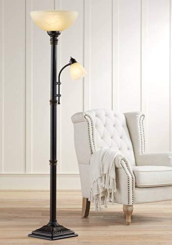Regency Hill Garver 72 1/2" Tall Bronze Side Light Torchiere Floor Lamp | Traditional 2-Light Adjustable Gooseneck Arm 5 Oiled Rubbed Amber Glass Shades for Living Room Reading House Bedroom Home