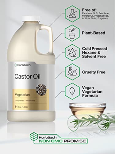 Horbäach Castor Oil 64 oz | For Hair, Eyelashes & Eyebrows | Hexane Free and Cold Pressed | Vegetarian, Non-GMO