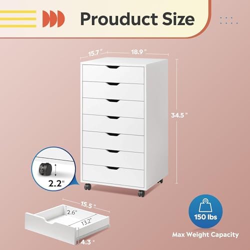 DEVAISE 7-Drawer Office File Cabinets, Mobile Craft Storage Cabinet, White | Wood Drawer Unit, Storage Cabinet, Rolling Cart, Printer Stand, Filing Cabinet with Drawers