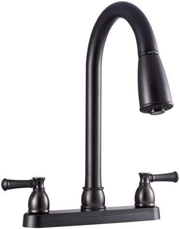 Dura Faucet DF-PK350L-SN RV Pull-Down Kitchen Sink Faucet (Satin Nickel) | Stream-to-spray sprayer with a corrosion-resistant non-metallic build. Brushed Satin Nickel. Plated ABS plastic (not metal).