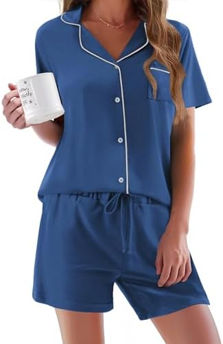 Ekouaer Pajamas Set for Women Short Sleeve Sleepwear Button Down Pj XS-XXXL | Summer 2 Piece Lounge Set, Soft Fabric, Drawstring Waistband, for Bridesmaid Bride Party, Plus Size, Petite, Cute Pattern