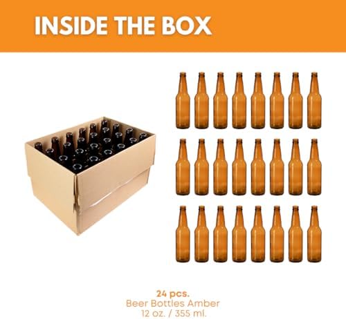 FastRack Amber Beer Bottles 12oz (Pack of 24) | Longneck Glass Beer Bottles with Pry-off Crown Finish for Home Brewing Mead