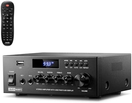 Moukey Stereo Receivers with Bluetooth 5.0, 2.0 Channel Power Audio Amplifier Stereo System w/USB, SD, AUX, RCA, MIC in w/Echo, LED for Karaoke