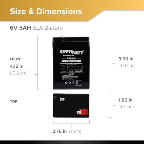 ExpertPower EXP650-6V 5Ah / 20HR SLA Rechargeable 6V Battery for Ride on Toys, Emergency Light, Exit Sign Battery Replacement, Sealed Lead Acid 6 Volt Batteries with F1 Terminals