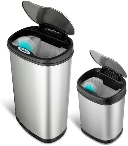 Ninestars Two-Piece Automatic Trash Can Combo Set, 13 Gal (50L) & 3 Gal (12L) Touchless Motion Sensor Garbage Cans with Odor-Sealing Lids