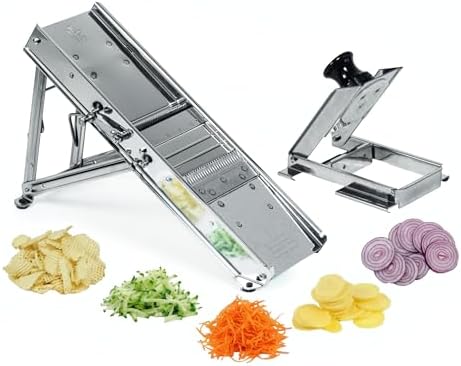 Bron Coucke – Professional Stainless Steel Mandoline with Protective Carriage – 2 Integrated Cutting Blade Units (3 mm & 10 mm) – Smooth &