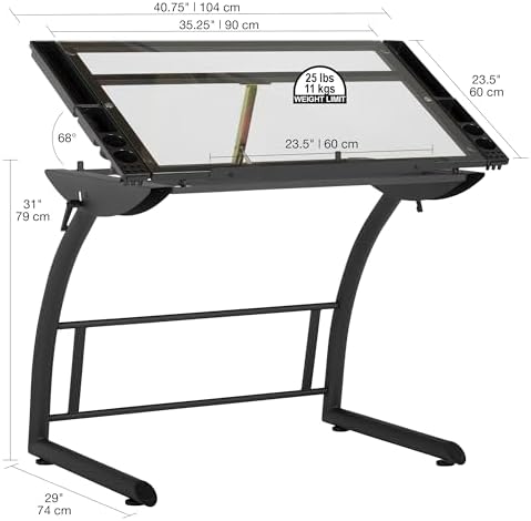 SD Studio Designs Triflex Drawing Table, Sit to Stand Up Adjustable Office Home Computer Desk, 35.25" W X 23.5" D, Charcoal Black/Clear Glass