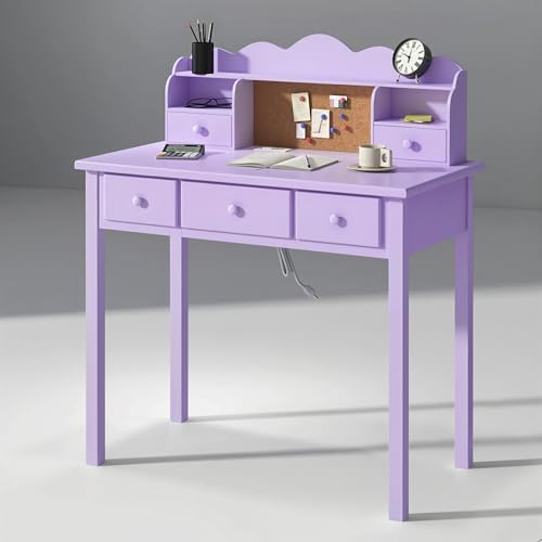 FUNKOCO Writing Desk with Hutch, 40" Small White Desk for Girls, 5 Drawers