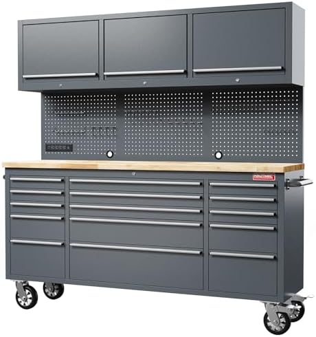 HAUTMEC 72" Rolling Tool Chest with 15 Lockable Drawers & 3 Upper Cabinets, Heavy-Duty 16-Gauge Steel Garage Workbench with Solid Oak Top