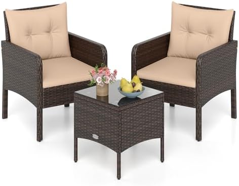 Tangkula 3 Piece Outdoor Patio Furniture Set, Wicker Chairs Set with Glass Top Coffee Table, Thick Cushions