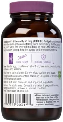 BlueBonnet Nutrition Vitamin D3 2000 IU, 100 Softgels | Strong Bones & Immune Support; Non-GMO