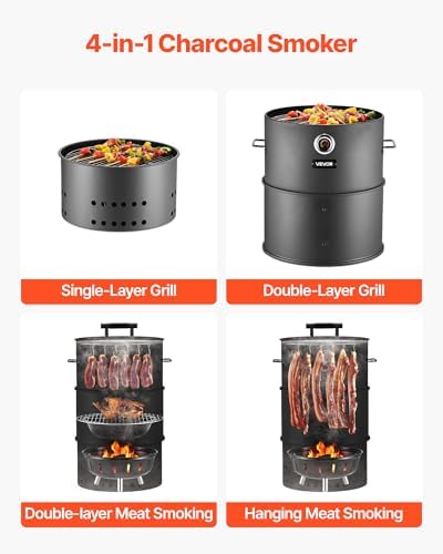 VEVOR Charcoal Smoker Grill, 18.5" Barrel Charcoal BBQ Smoker, Coated Steel Outdoor Barbecue Grill with 2 Grilling Grates, 1 Hanging Rod