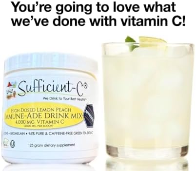 Sufficient-C High Dose Non-GMO Vitamin C Lemon Peach Immune-Ade Drink Mix, Convenient 125 Gram Size w/L-lysine