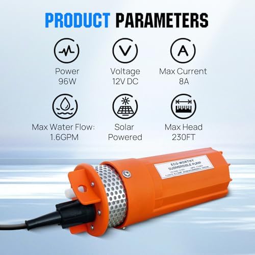 ECO-WORTHY 24V Submersible Deep Well Water Pump with 10ft Cable 1.6GPM 4'' 5A, Max Lift 230ft/70m, DC Pump/Alternative Energy Solar Battery Farm & Ranch Submersible Deep Well Pump
