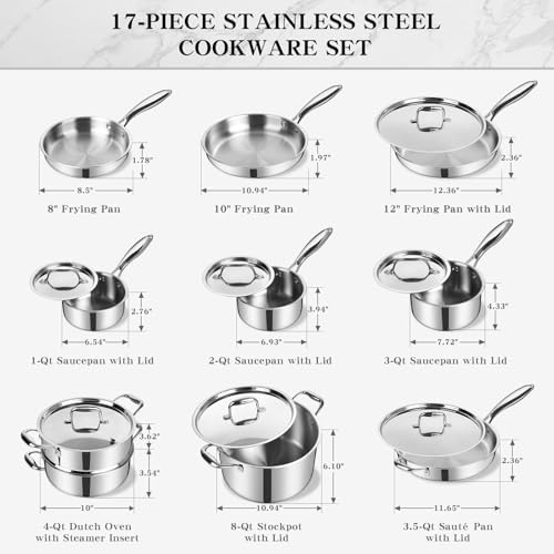EWFEN Stainless Steel Cookware Set, 3 Ply 17 Piece Stainless Steel Pot and Pan Set, Oven Dishwasher Safe | Induction Compatible Frying Pans, Saucepans