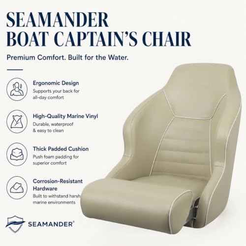Seamander Boat Captains Chair,Captain Bucket Seat with Flip Up Bolster,Integral Rotomolded Frame, Premium EPDM Foam Material, Marine Grade Vinyl (A-White/Charcoal)