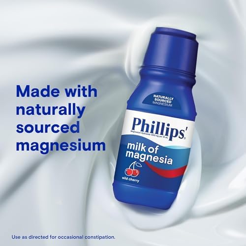 Phillips’ Milk of Magnesia Liquid Laxative, Wild Cherry Flavor, Stimulant Free, Cramp Free Relief of Occasional Constipation*, Effective in 30 minutes - 6 hours, #1 Milk of Magnesia Brand, 26 oz