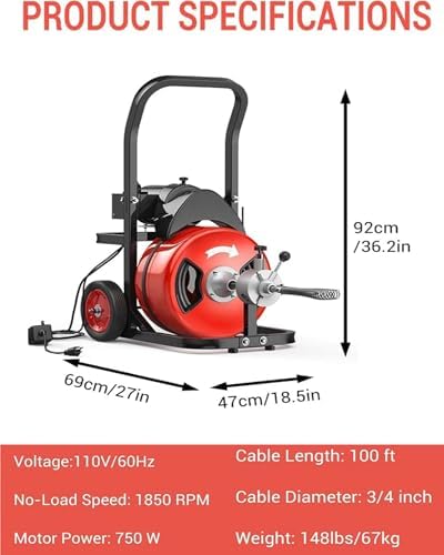 100Ft 3/4 Inch Drain Cleaning Machine. Sewer Snake 750w Auto Feed | Portable Drain Cleaning Machine Electric Drain Auger Sewer Auger with 6 Cutter Air-Activated Foot Switch for 4" to 8" Pipes