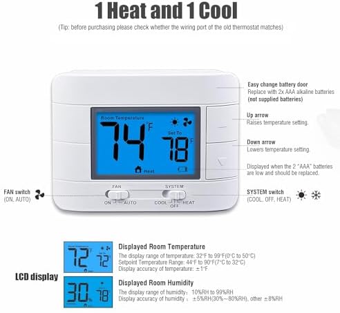 Aowel 1 Heat/ 1 Cool Non-Programmable Thermostat for Conventional System