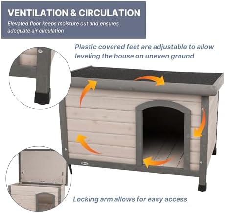 Trixie Natura Classic Dog House - Wooden Outdoor Shelter with Weatherproof Sealer, Hinged Roof & Adjustable Legs for Medium Dogs - Gray - 27 x 41 x 28.5 in