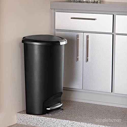 simplehuman 50 Liter / 13 Gallon Semi-Round Kitchen Step Trash Can with Secure Slide Lock, Black Plastic