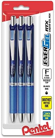 Pentel EnerGel RTX Retractable Liquid Gel Pen, (0.5mm), Fine Line, Needle Tip, Black Ink, Pack of 3 (BLN75BP3A)