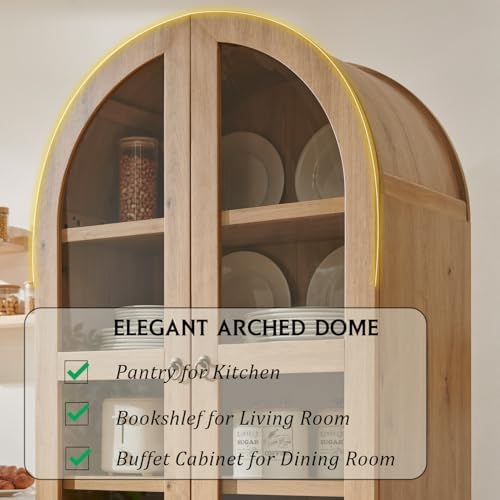 IFGET 71" Tall Arched Kitchen Pantry, Modern Farmhouse Wood Kitchens Storage Cabinets with 2 Large Drawers and Adjustable Shelves, Versatile Cupboard for Kitchen, Dining Room, Bathroom, Natrual