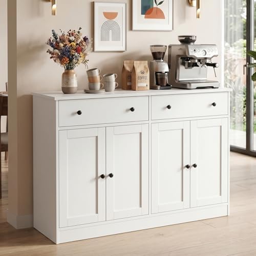 holzart White Buffet Cabinet with Storage, 49" Modern Kitchen Sideboard with 4 Doors & Adjustable Shelves, Wood Coffee Bar Cabinet Console Table for Dining Room, Living Room, Entryway