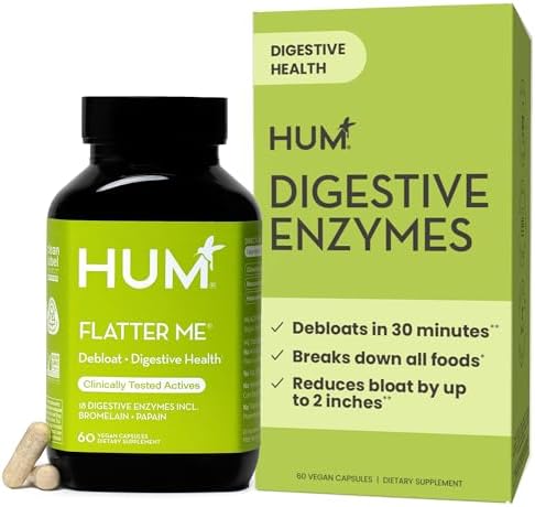 HUM Flatter Me Digestive Enzymes, Digestion & Bloating Support, 60 Count | 18 Digestive Enzymes, Ginger, Peppermint & Fennel, Women & Men, Vegan, Non-GMO, 60 Capsules