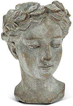 Abbott Collection Large Woman Head Planter | Hand-Finished Greco-Roman Style, Indoor & Outdoor, For Flowers & Succulents, Cement, Gray, 10"H