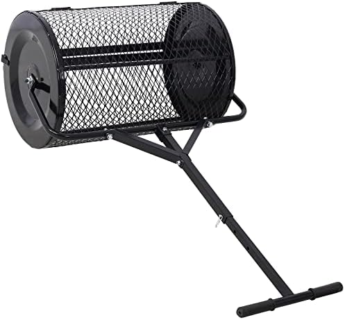 Compost Spreader - 24'' Peat Moss Spreader Manure Spreaders Roller with Adjustable T Shaped Handle Lightweight Metal Mesh Spreader for Lawn Garden Spreading Manure Topsoil, Black 0.5" x 1" Open Slits
