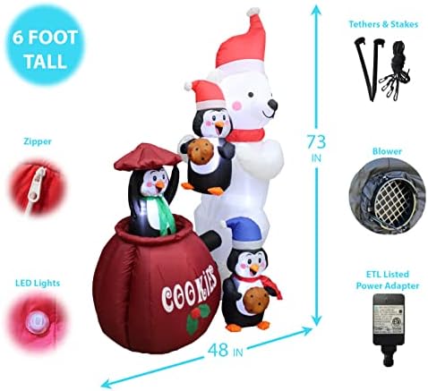 6 Foot Tall Animated Christmas Inflatable Polar Bear and Three Penguins