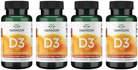 Swanson Vitamin D3 5,000 IU, 125 mcg Cholecalciferol, 250 Softgels | For Sun-Deprived Adults Seeking Bone, Immune, and Heart Support, 125 mcg Cholecalciferol, the Active Vitamin D3