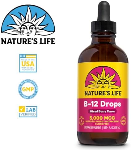 Nature's Life B12 Drops 5000 mcg - Vitamin B12 Methylcobalamin - Liquid B12 Supplement for Energy Metabolism, Nerve Function and Red Blood Cell Support Natural Mixed Berry, Sugar Free (200 Serv, 4oz)