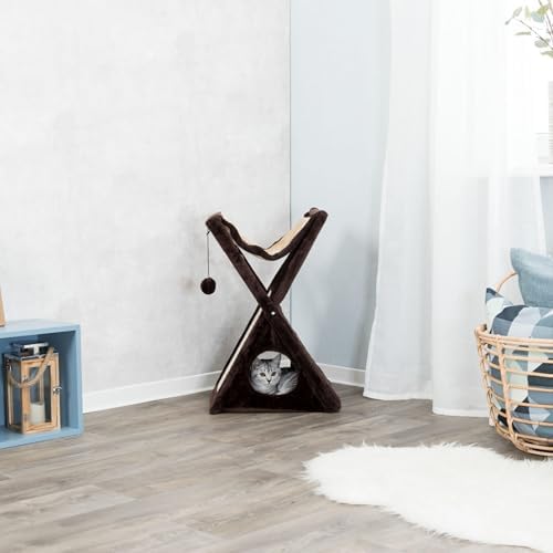 TRIXIE Miguel Fold and Store Cat Hammock, Indoor Cat Furniture with Dangling Toys, Scratching Pad, and Cave, Taupe/Light Gray