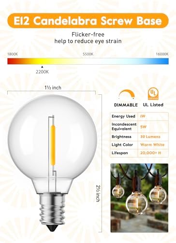 Brightown 25 Pack G40 LED Replacement Bulbs, E12 Base, 2200K, Warm White | Shatterproof Plastic LED Light Bulb, Waterproof, Dimmable, 1.5" Edison Light Bulbs for Indoor Outdoor Patio Backyard Decor